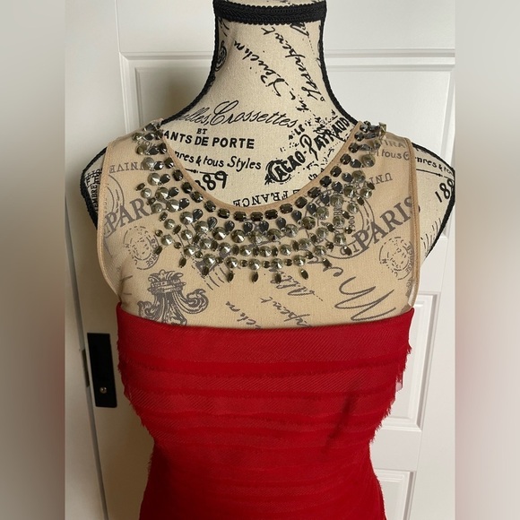 BCBG MAXAZRIA MAIA ROUGE RED COCKTAIL NUDE MESH TOP PINTUCK GEORGETTE DRESS 4 - Picture 4 of 9